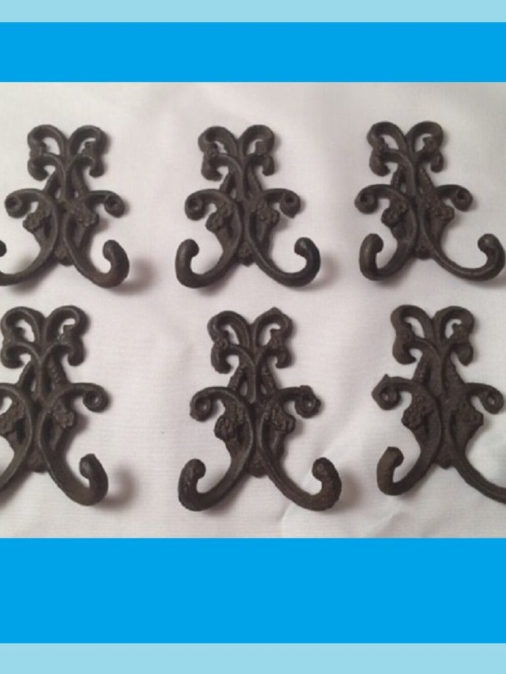 Six (6) Cast Iron Antique 3 1/2" tall Rustic Double Floral Hook Six 0170-01556